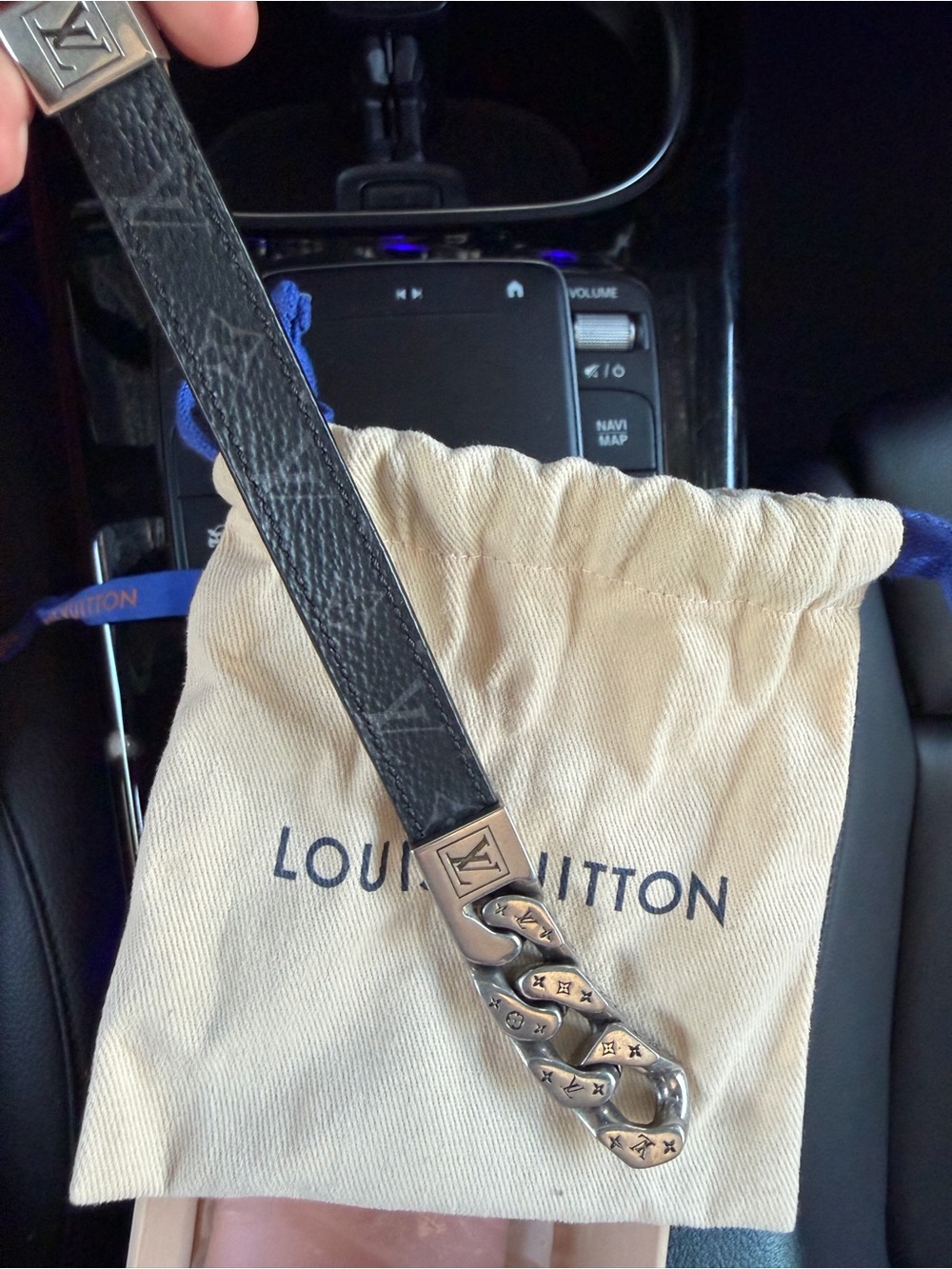 Louis Vuitton Black Leather Bracelet with Silver-Tone Chain and LV Clasp - Picture 5 of 9
